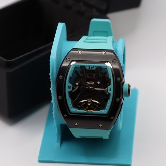 Luxury 39mm Skeleton Automatic Watch | Black Case & Cyan Bands | New - Picture 6 of 7